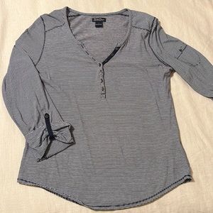 Lucky Brand Navy & White Stripe Long-sleeve Shirt Size Large Brass Buttons